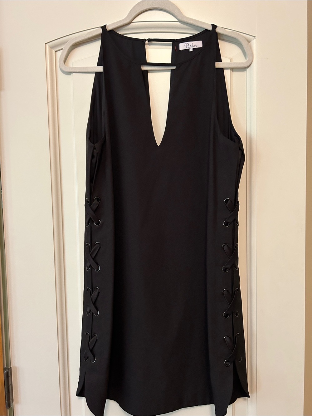 Parker Black Sleeveless Shift Dress with Side Lace-Up Double V Dramatic details